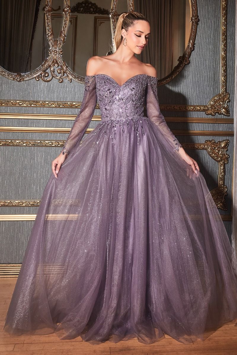 Clearance Sale A-Line Off The Shoulder Layered Tulle Gown With Floral Beaded Bodice By Cinderella Divine -CD0172CL