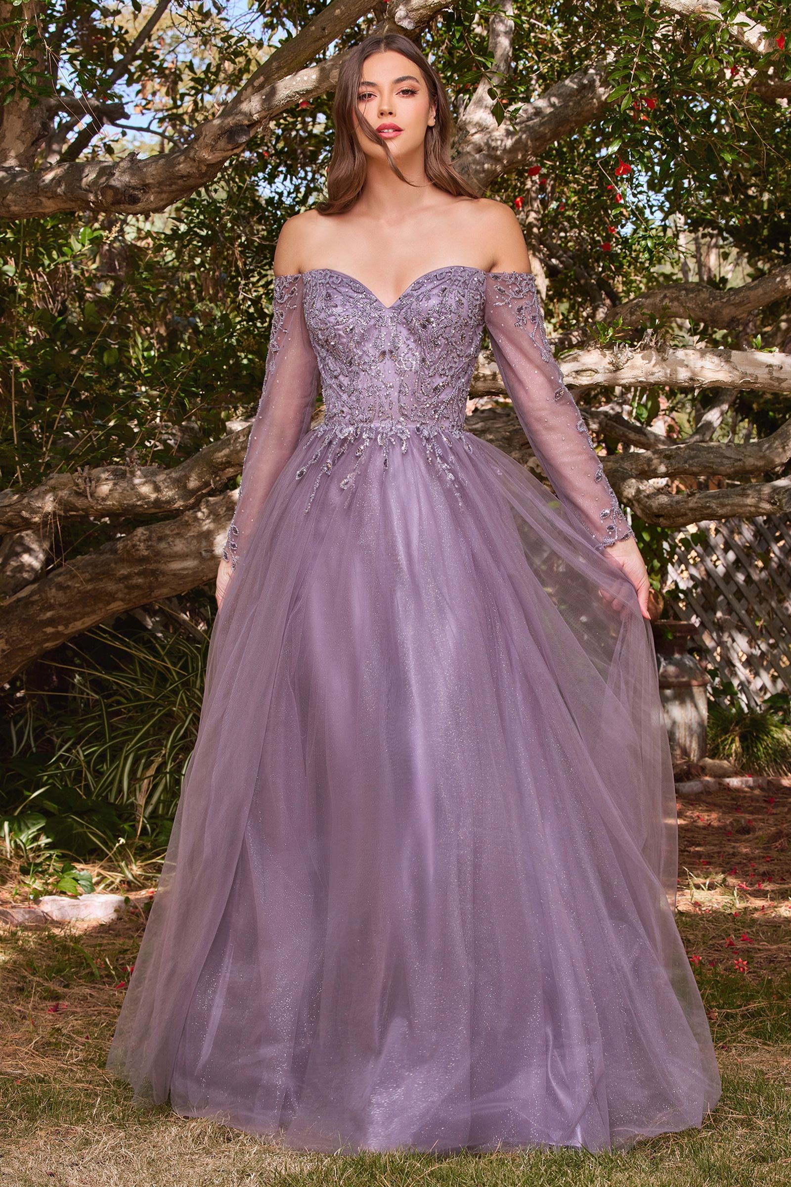 Clearance Sale A-Line Off The Shoulder Layered Tulle Gown With Floral Beaded Bodice By Cinderella Divine -CD0172CL