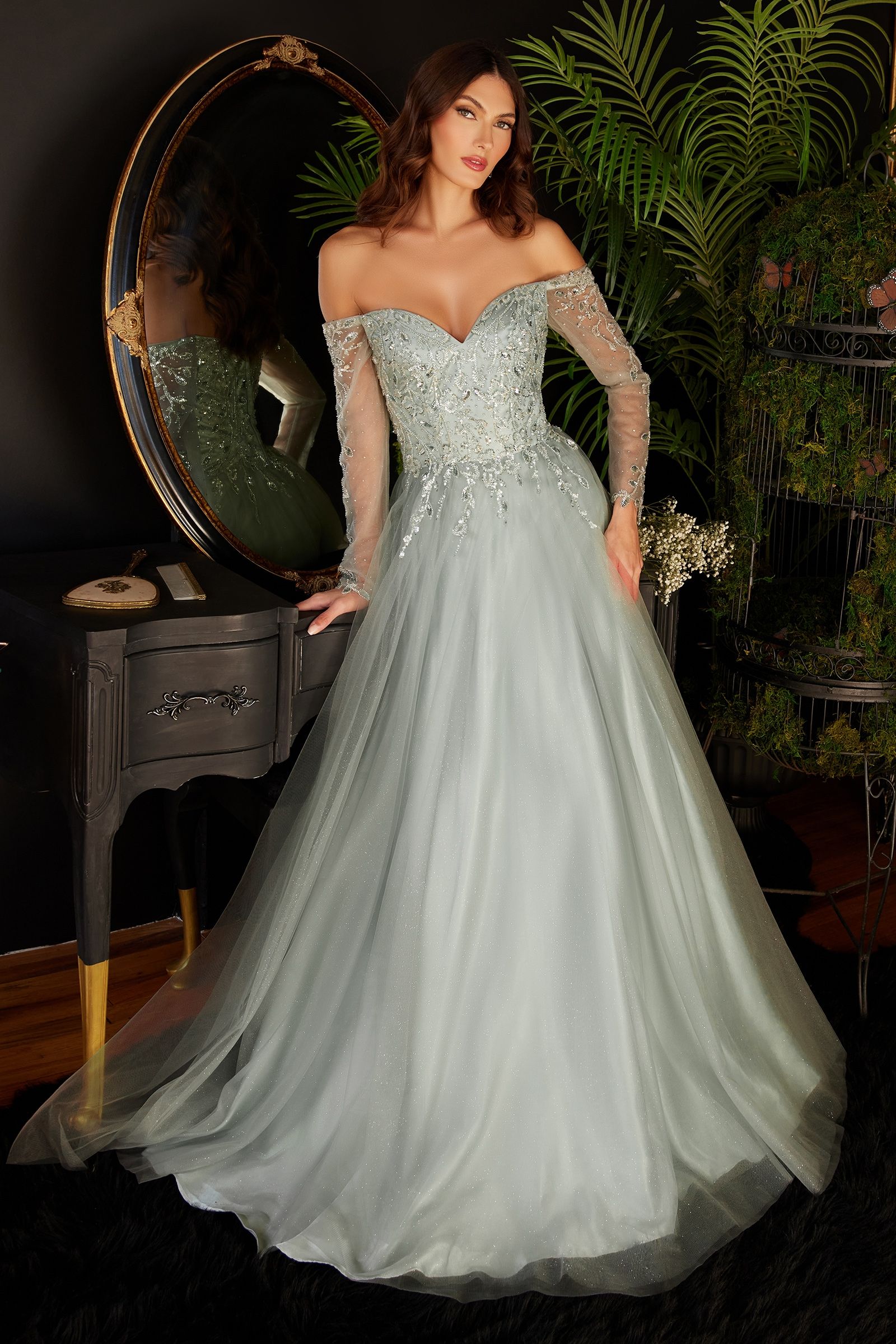 Clearance Sale A-Line Off The Shoulder Layered Tulle Gown With Floral Beaded Bodice By Cinderella Divine -CD0172CL