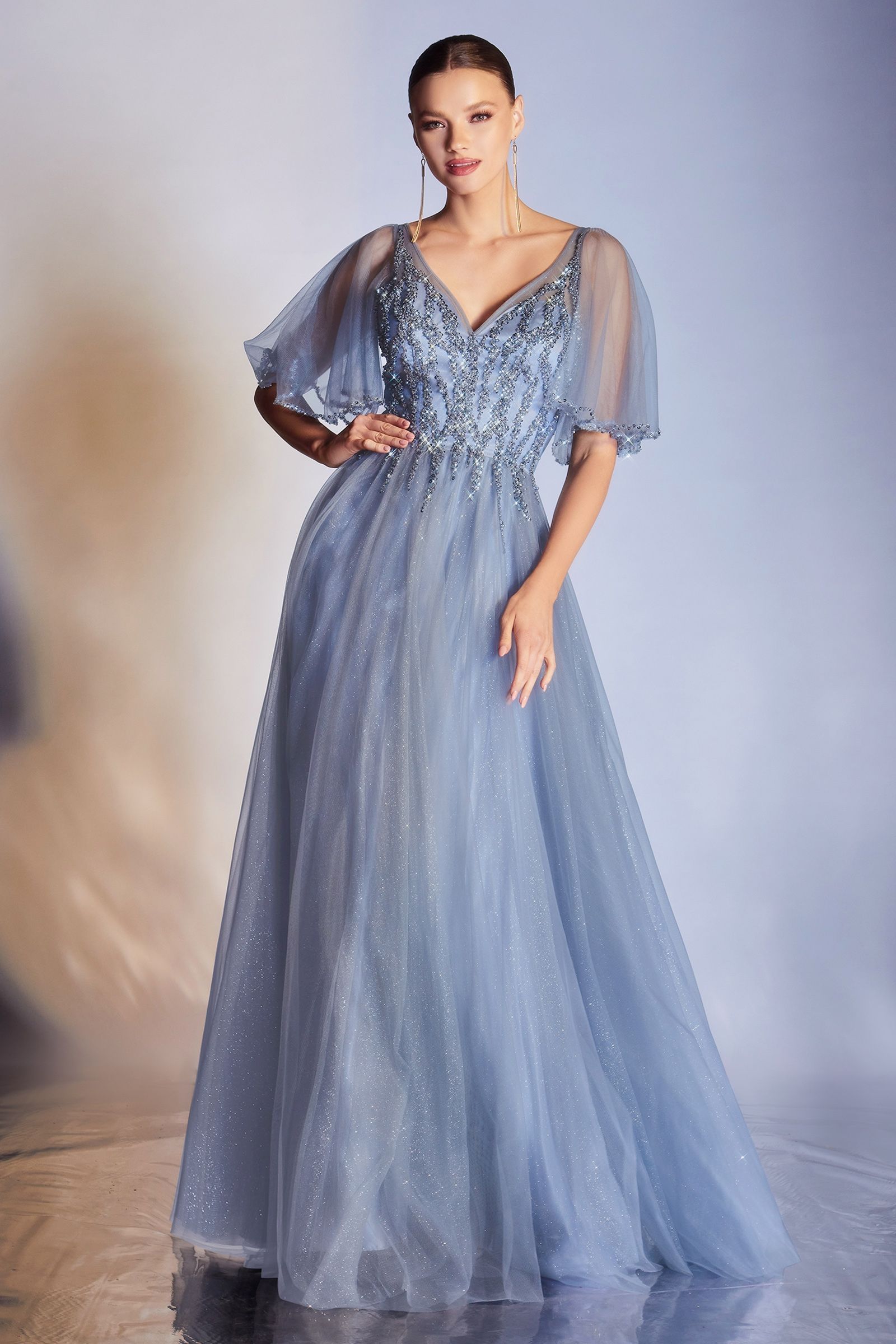 Cinderella Divine -CD0175 V-Neck Tulle A-Line Dress
