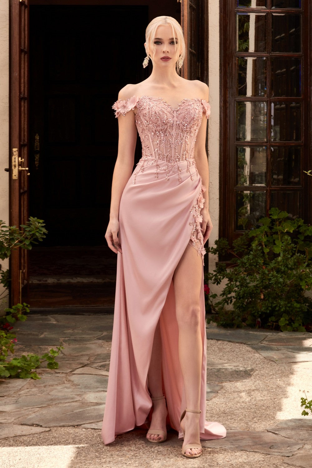 Clearance Sale Floral Off The Shoulder Gown By Cinderella Divine -CD0186CL