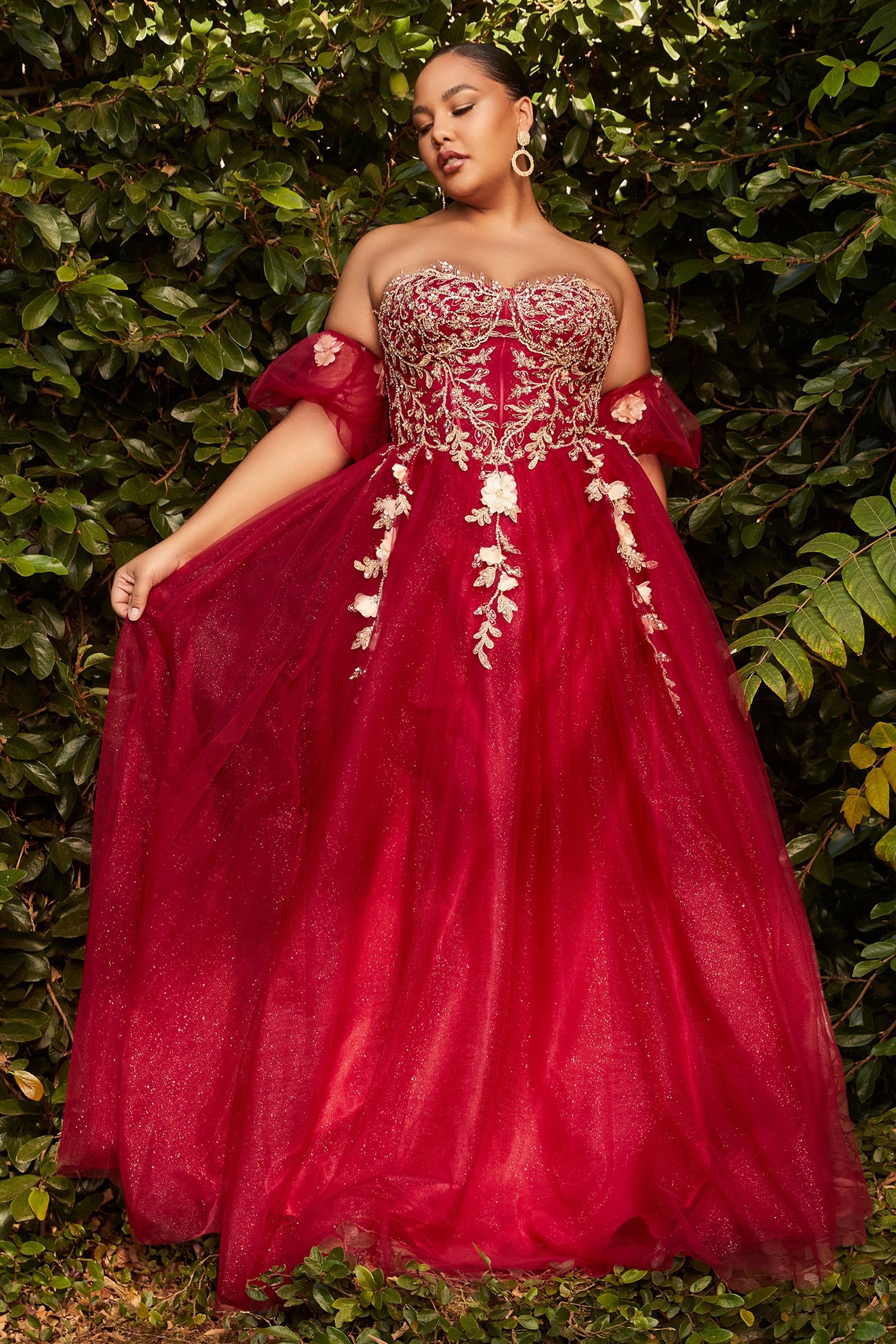 Strapless A-Line Gown And Puff Sleeves By Cinderella Divine -CD0191C