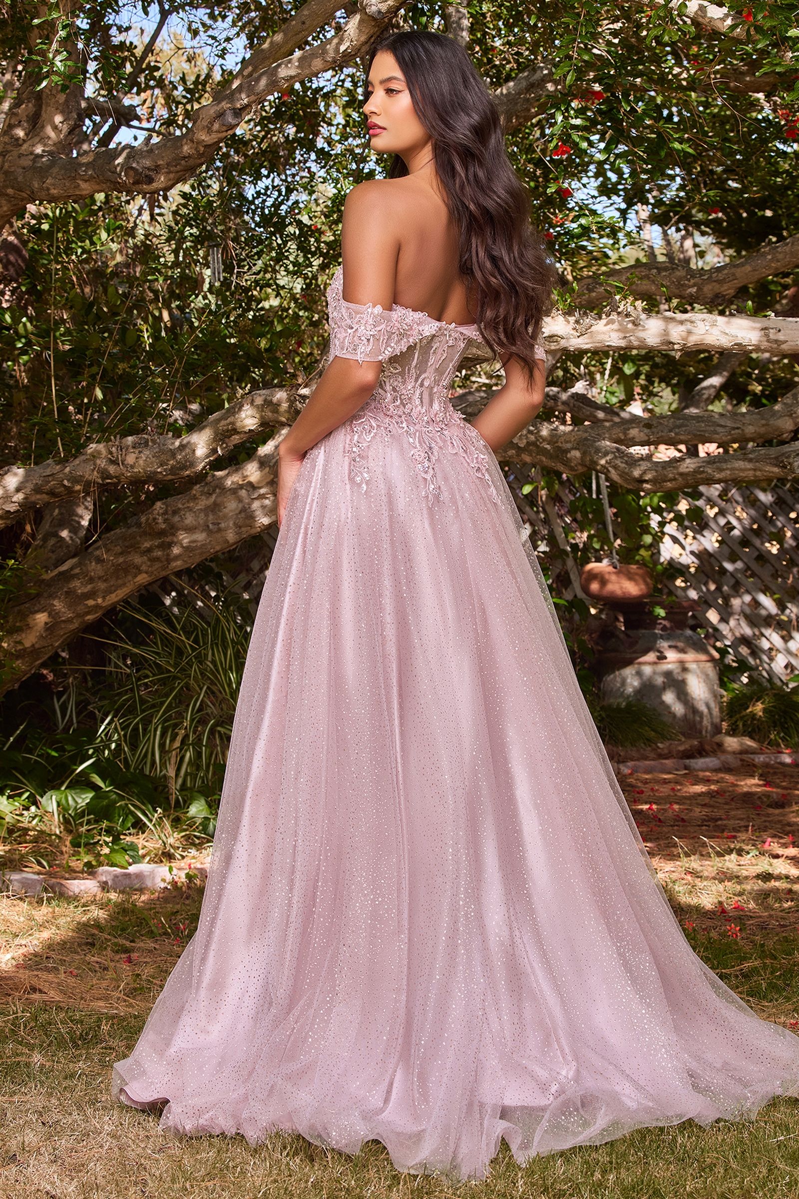 Lace A-Line Gown With Off The Shoulder Sleeves By Cinderella Divine -CD0198