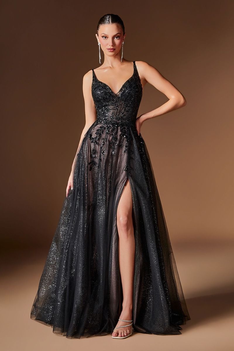 Cinderella Divine -CD2412 Glitter Sleeveless A-line Slit Gown
