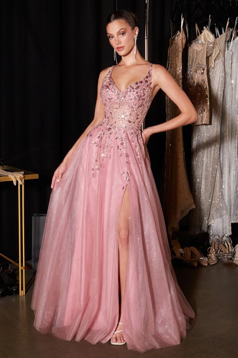 Cinderella Divine -CD2412 Glitter Sleeveless A-line Slit Gown
