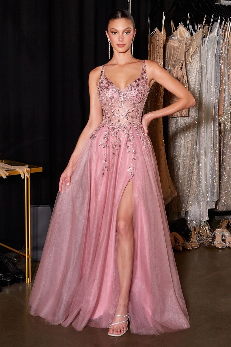 Cinderella Divine -CD2412 Glitter Sleeveless A-line Slit Gown