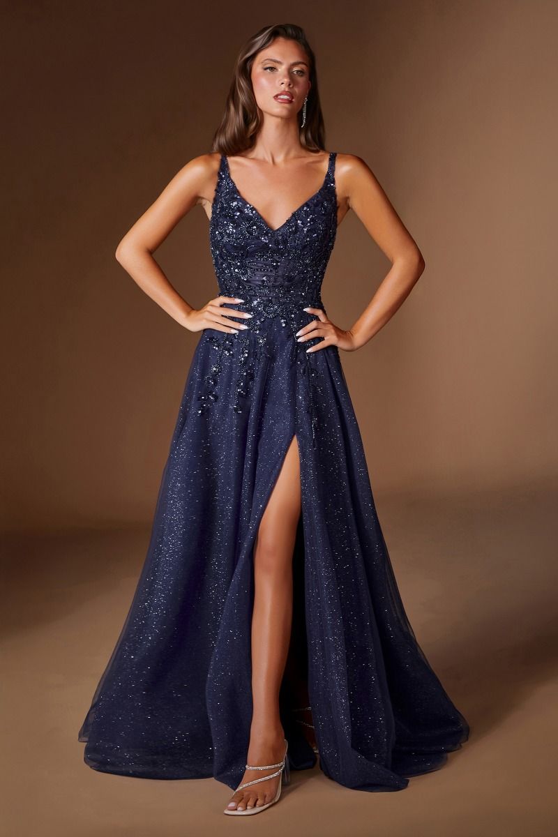 Cinderella Divine -CD2412 Glitter Sleeveless A-line Slit Gown