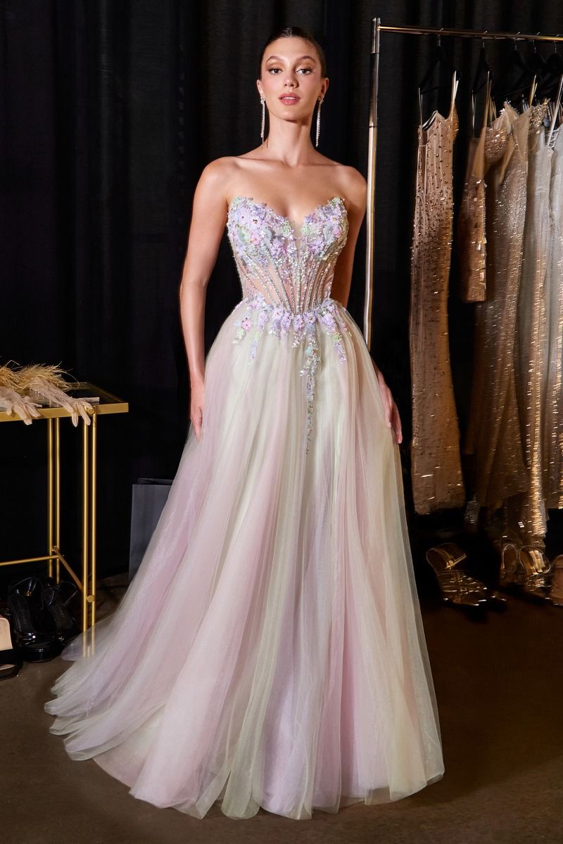 Cinderella Divine -CD2418 Applique Strapless A-line Slit Gown
