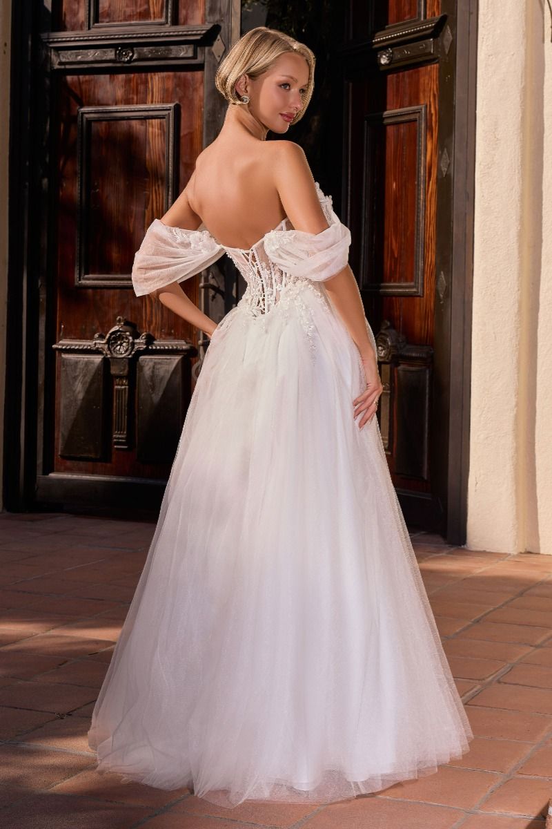 Cinderella Divine -CD2426W Floral Applique Off Shoulder Bridal Gown