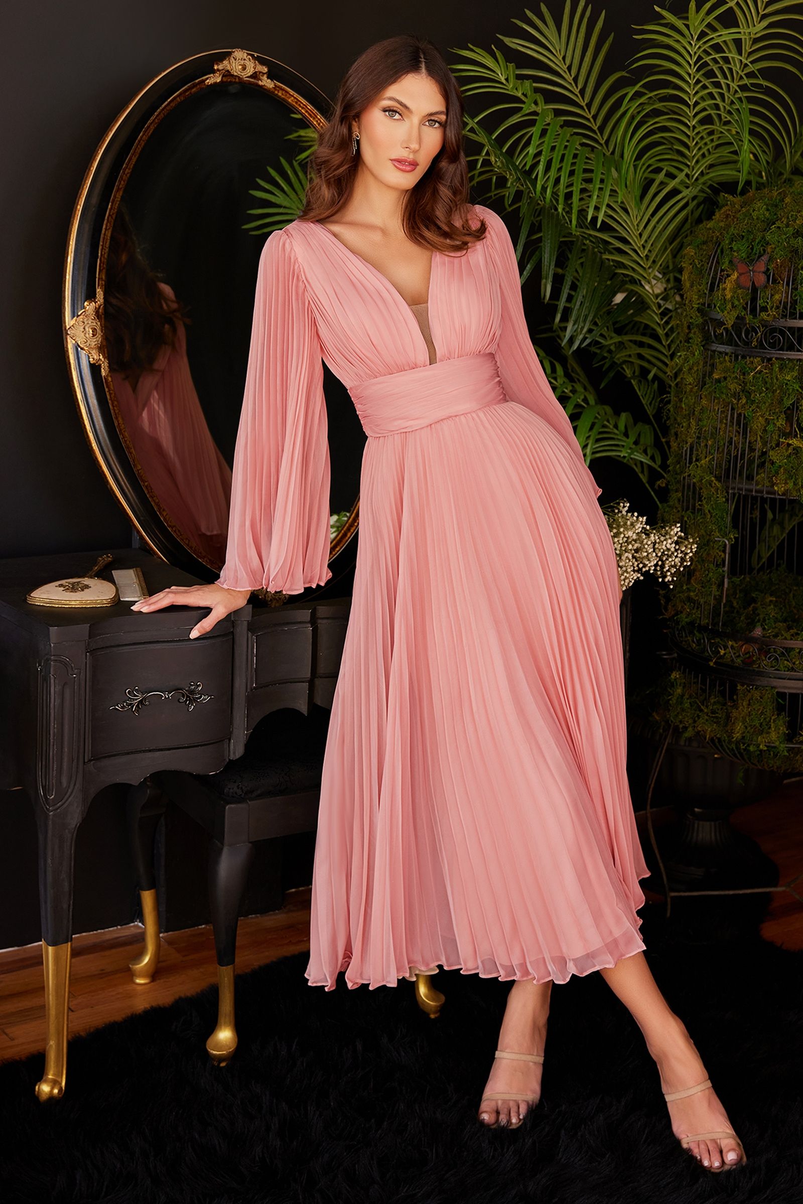 Pleated Chiffon Long Sleeve Tea Length Gown By Cinderella Divine -CD242S
