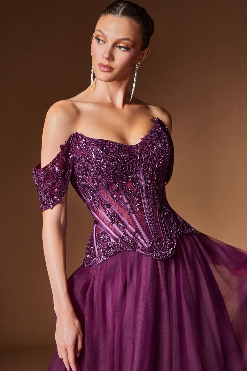 Cinderella Divine -CD657 Embroidered Applique Off Shoulder A-line Gown