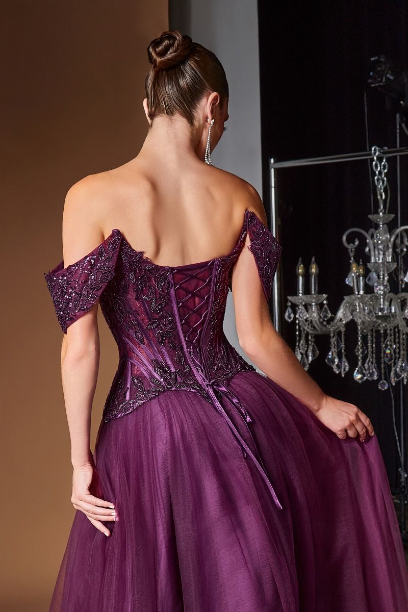 Cinderella Divine -CD657 Embroidered Applique Off Shoulder A-line Gown