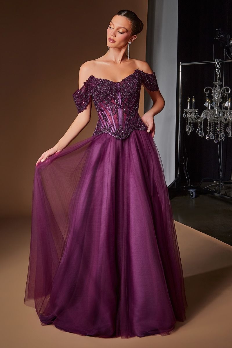 Cinderella Divine -CD657 Embroidered Applique Off Shoulder A-line Gown