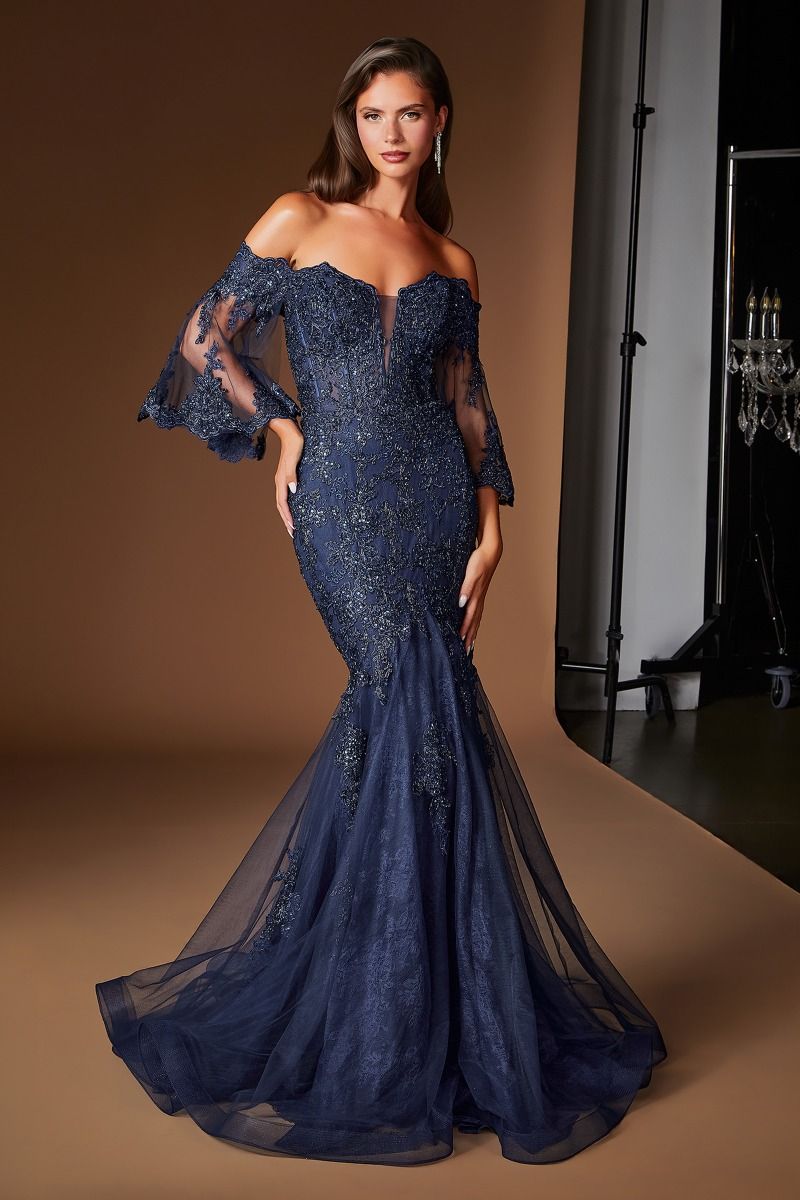 Cinderella Divine -CD659 Embroidered Off-the-shoulder Mermaid Prom Gown