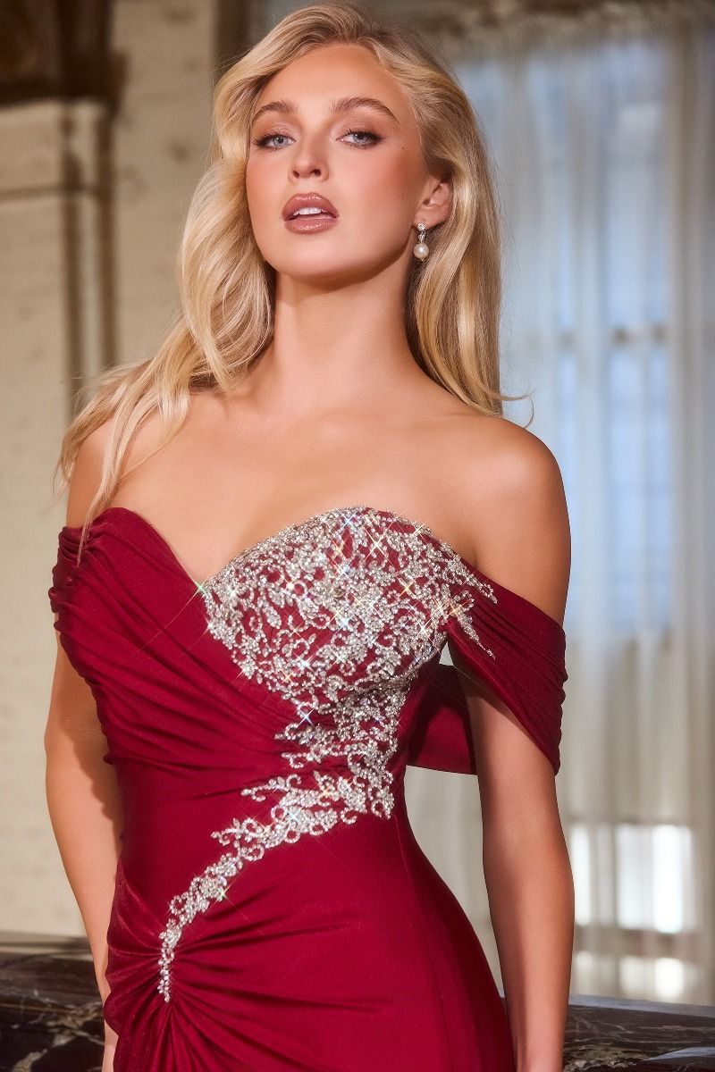 Cinderella Divine -CD667 Off shoulder sweatheart neckline with ruched detailing and crystal embellishments