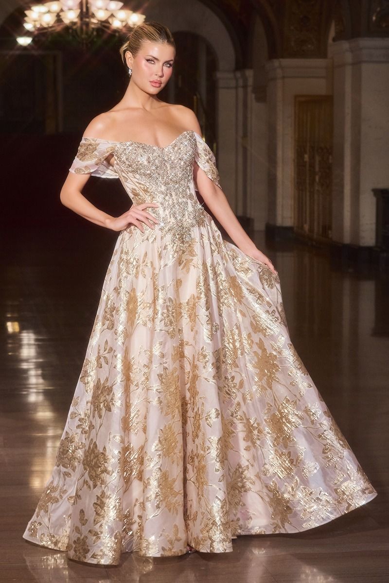 Cinderella Divine -CD682 Off shoulder neckline with crystal-embellished bodice and metallic floral skirt
