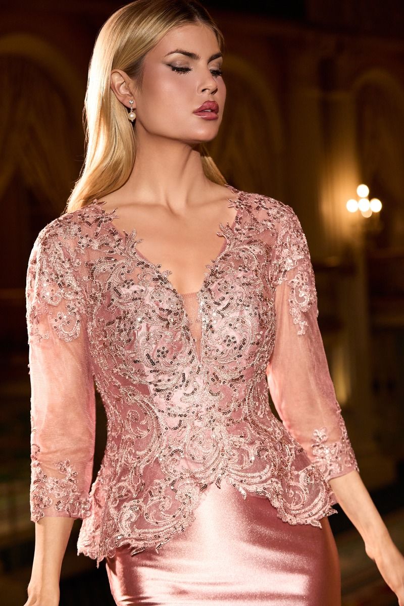 Cinderella Divine -CD720 Applique Fitted V-neck Sleeve Gown