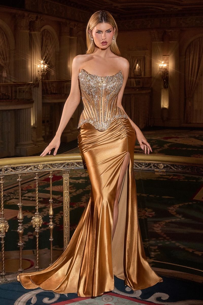 Cinderella Divine -CD733 Beaded Satin Scoop Long Gown