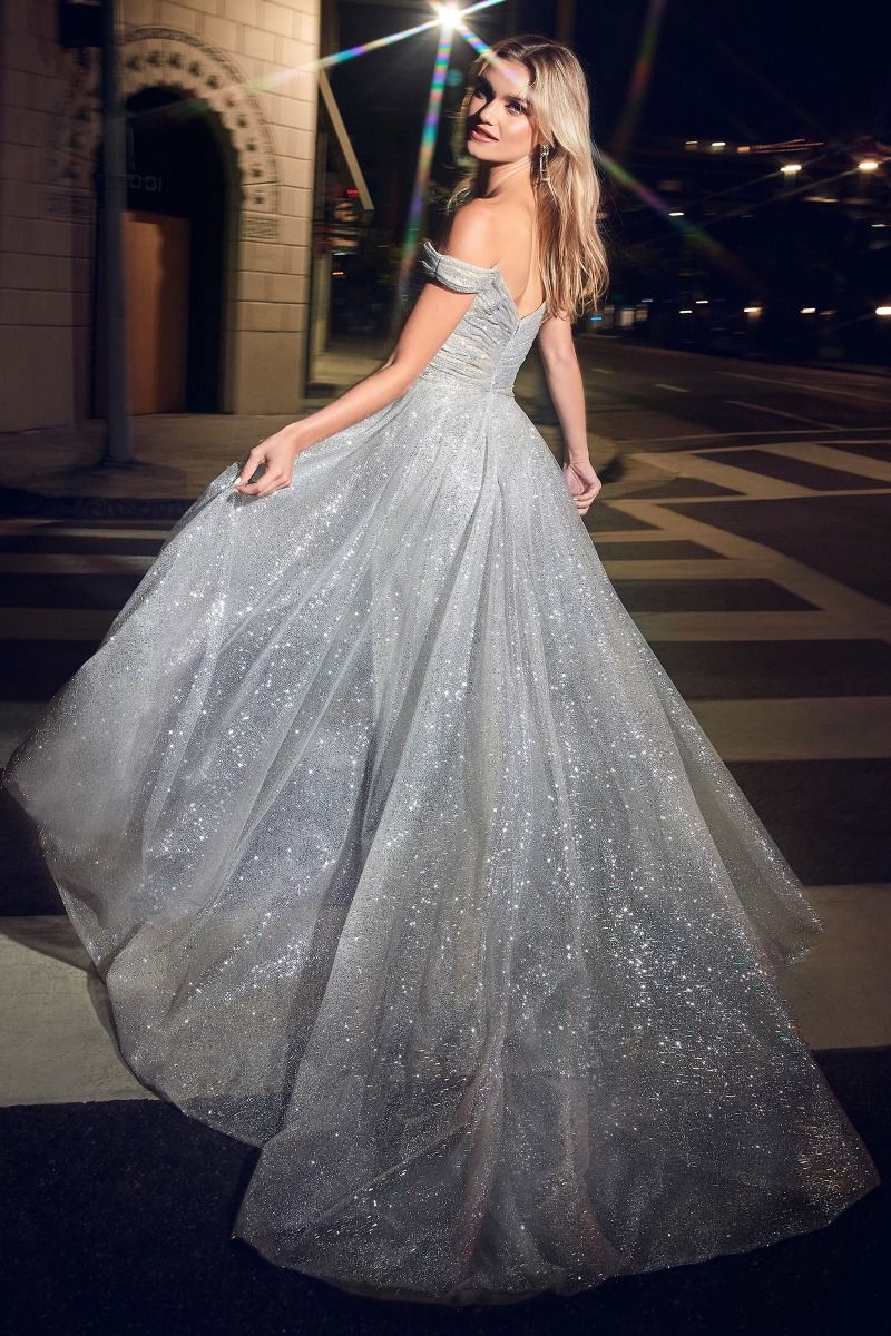 Off The Shoulder Fitted Glitter Gown By Cinderella Divine -CD853