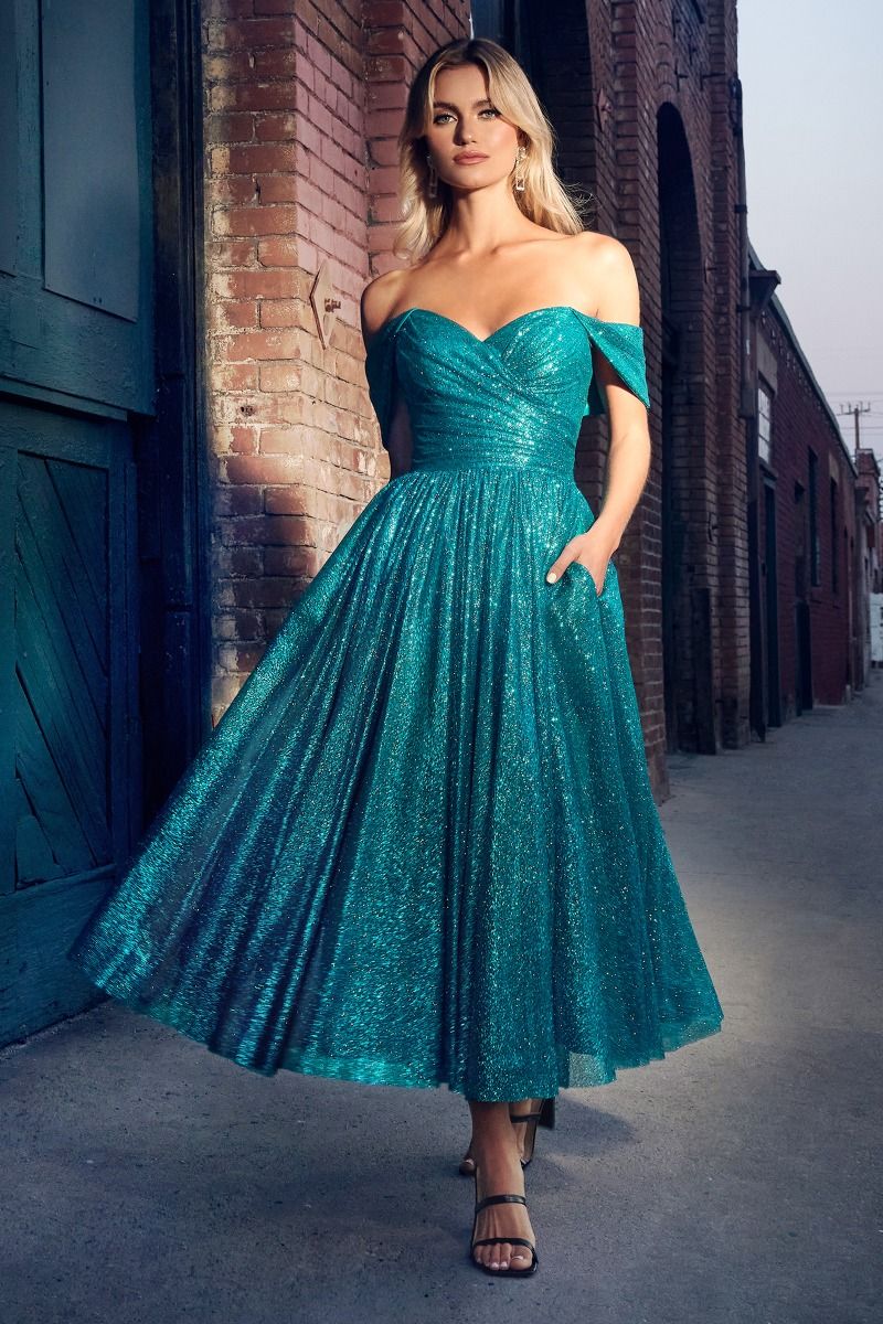 Clearance Sale Off The Shoulder Glitter Tea Length Dress By Cinderella Divine -CD870CL