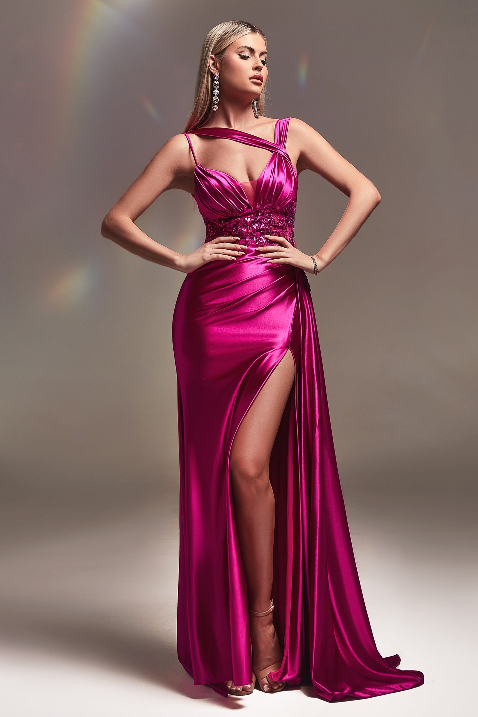 Fitted Satin Gown With Lace Detail By Cinderella Divine -CDS415