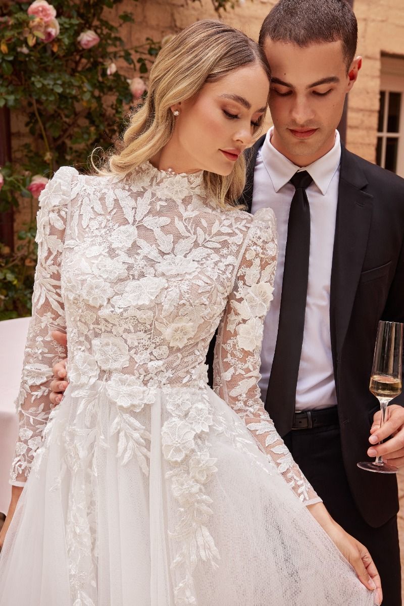 Cinderella Divine - CDS433W High Neck Floral Wedding Gown