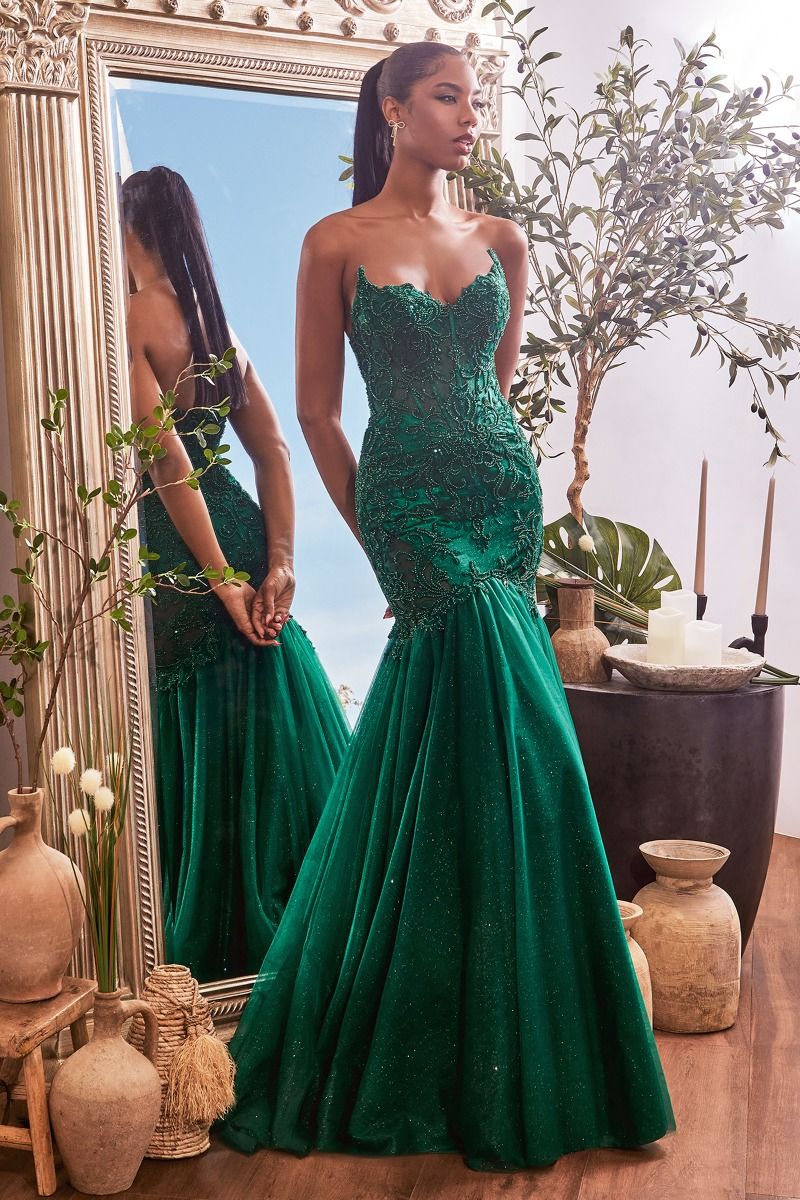 emerald green mermaid dress Cinderella Divine –CDS482 Strapless Tulle Mermaid Dress