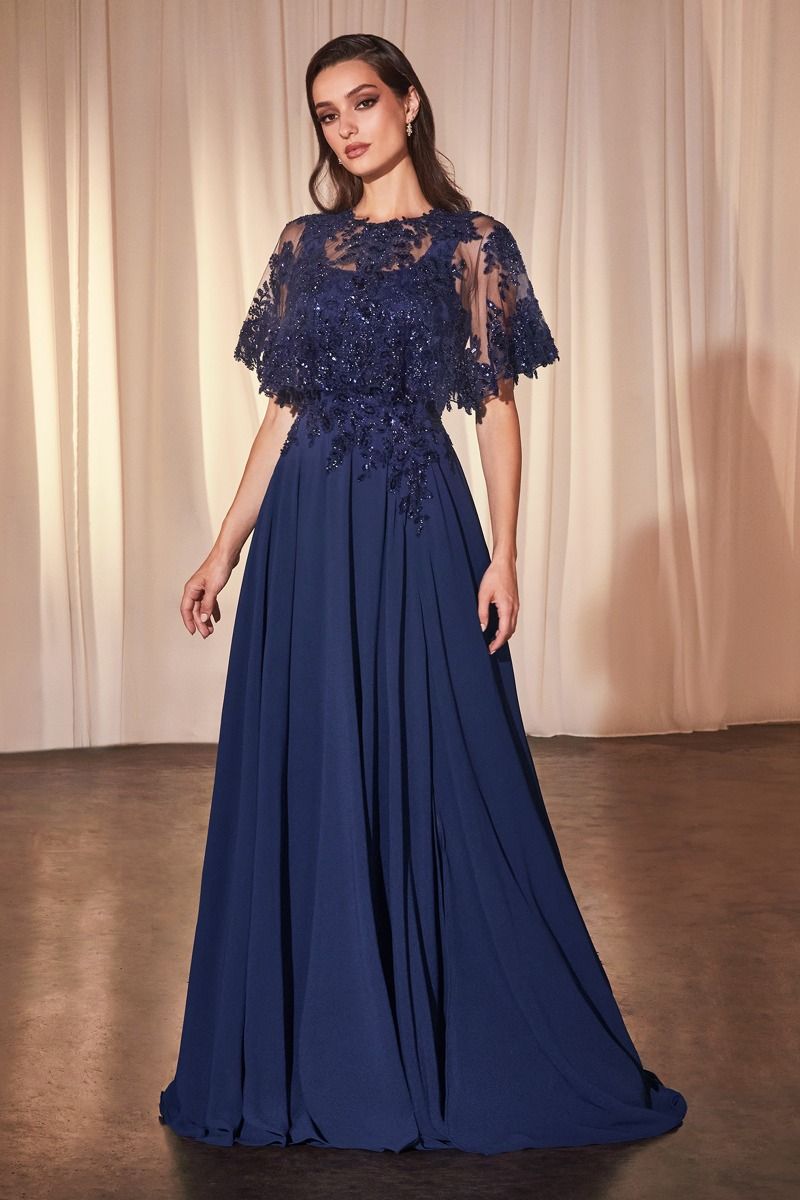 cinderella divine navy blue dress Cinderella Divine -CDS503 Beaded Chiffon A-Line Dress
