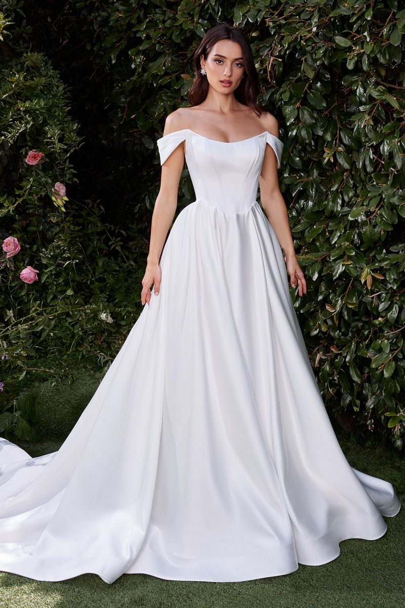 Cinderella Divine -CDS513W Off Shoulder Satin Bridal Ball Gown