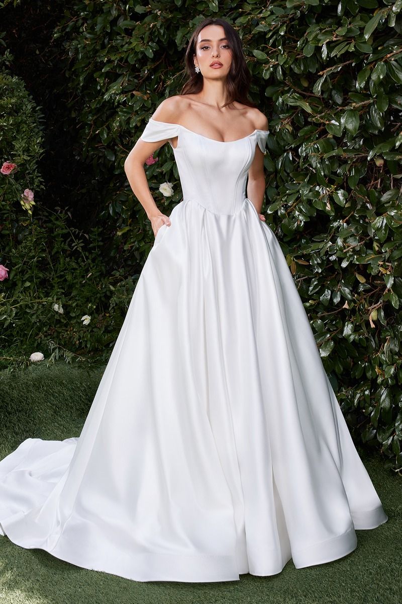Cinderella Divine -CDS513W Off Shoulder Satin Bridal Ball Gown
