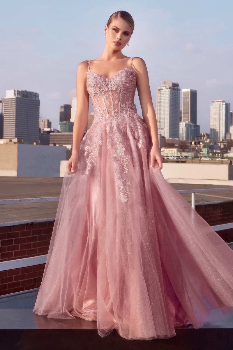 Cinderella Divine -CDS533 Deep V-neckline, Thin Straps & Floral Prom Gown