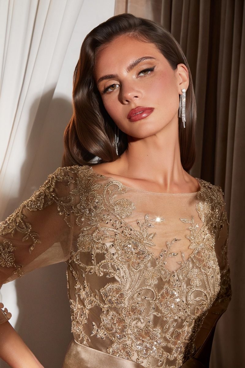 Cinderella Divine -CDS569 Bateau Beaded Lace Mikado A-line Prom Gown