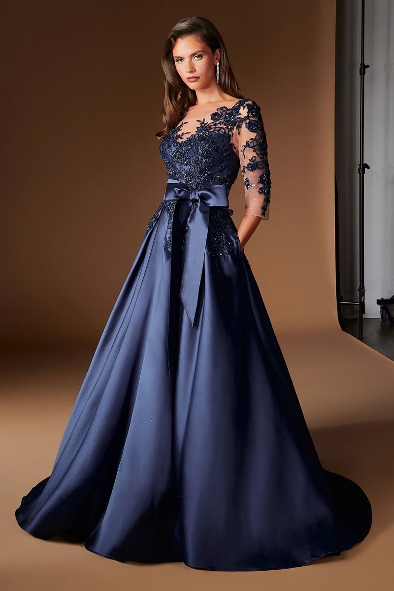 Cinderella Divine -CDS569 Bateau Beaded Lace Mikado A-line Prom Gown