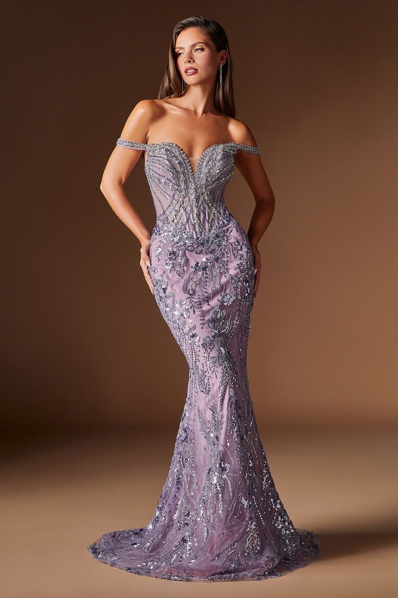 Cinderella Divine -CDS570 Bateau Beaded Lace Mikado A-line Prom Gown