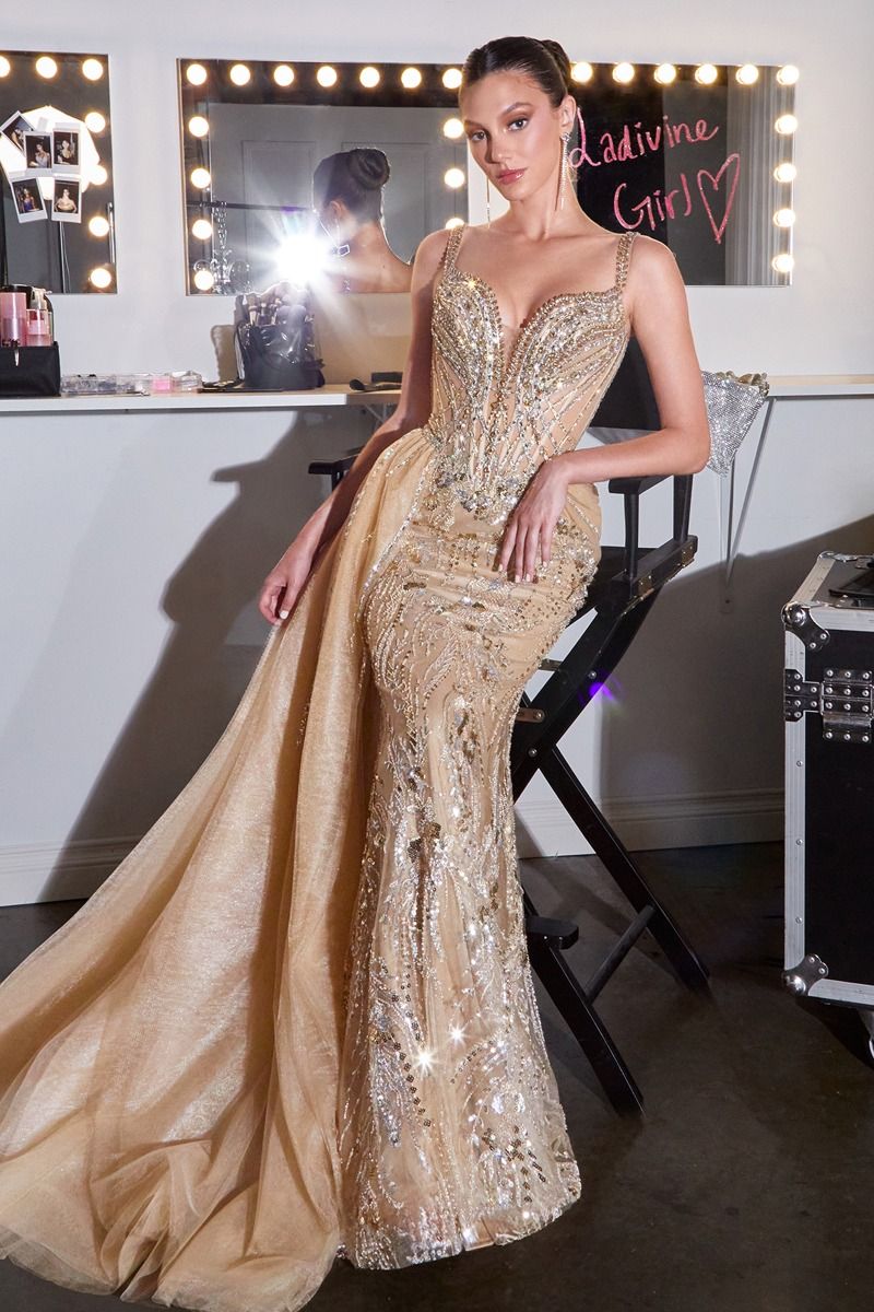 Cinderella Divine -CDS570 Bateau Beaded Lace Mikado A-line Prom Gown