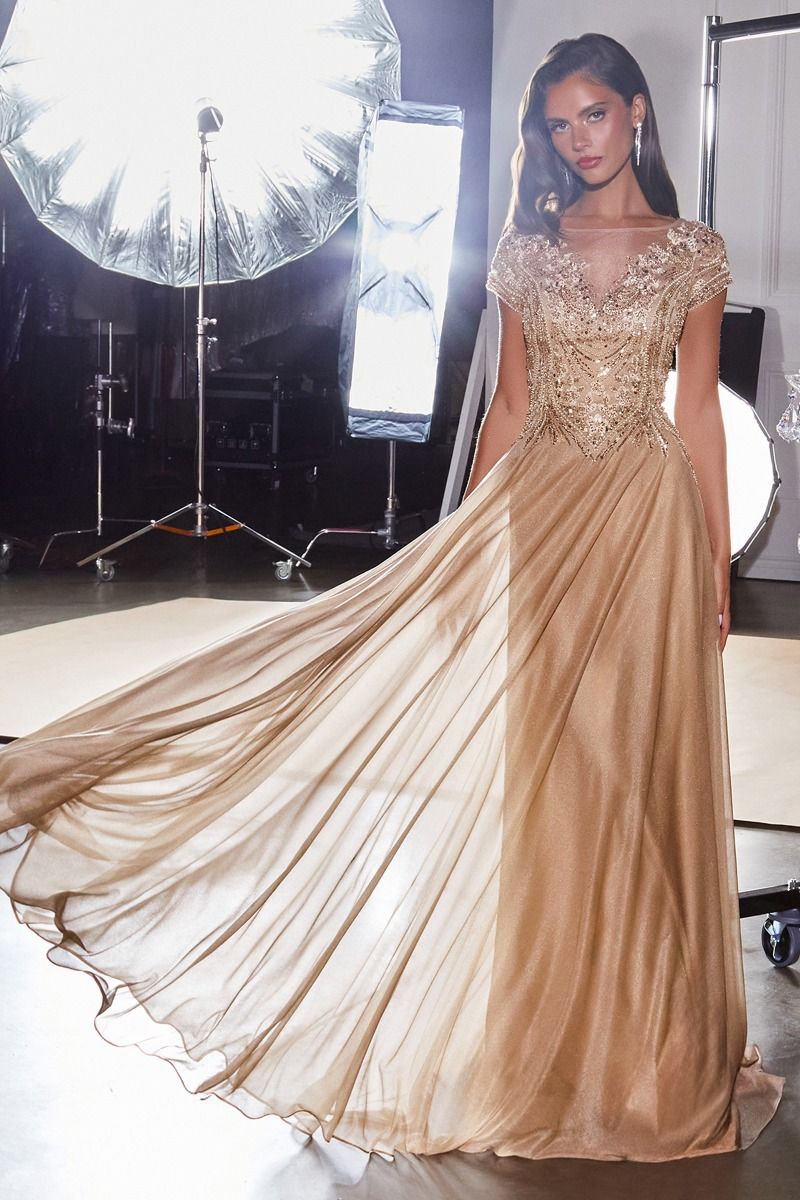 Cinderella Divine -CL11 Beaded Short Sleeve A-line Gown