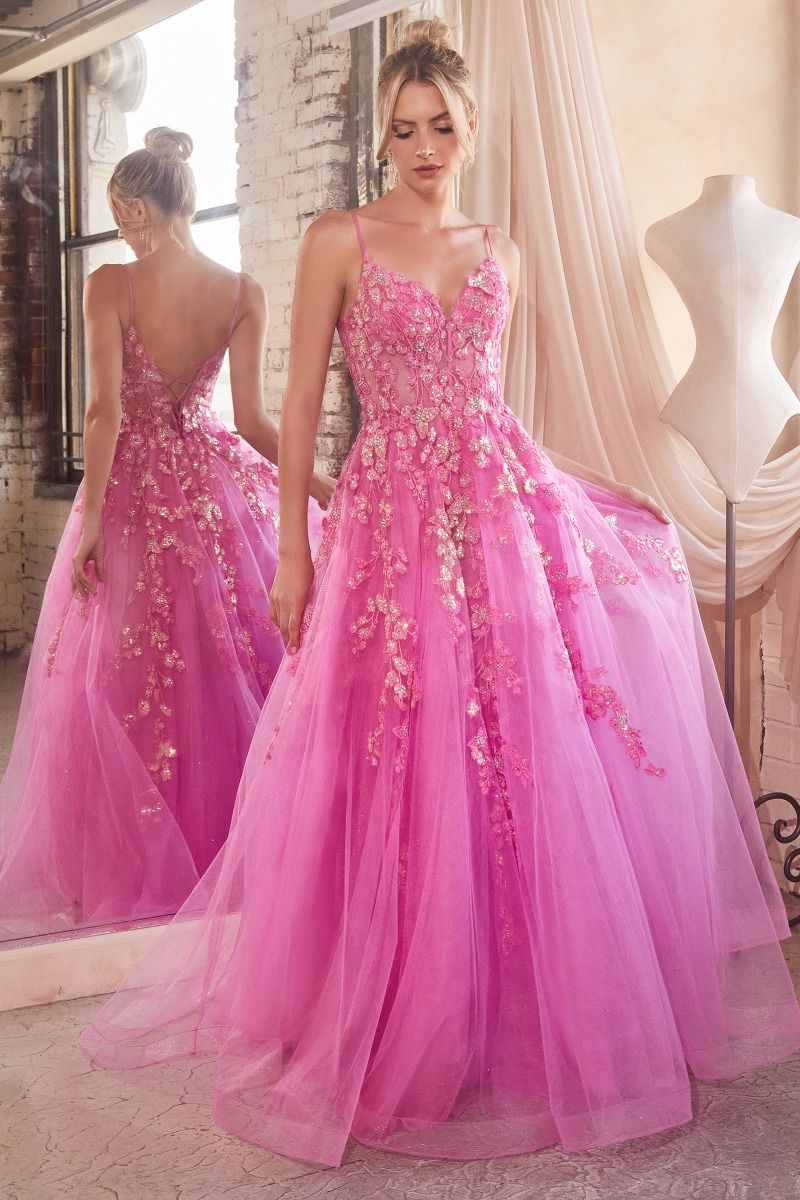 Cinderella Divine -CM347 V-Neck Floral Applique Ball Gown