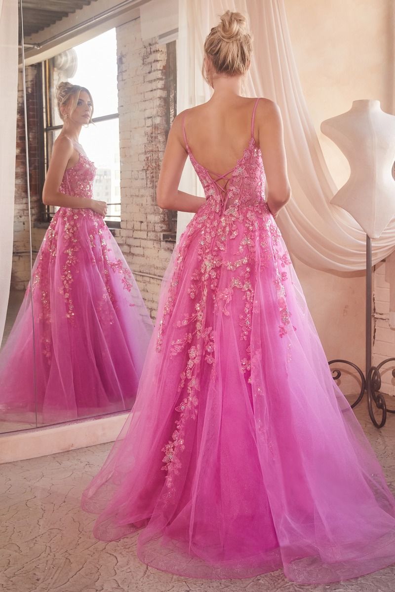 Cinderella Divine -CM347 V-Neck Floral Applique Ball Gown