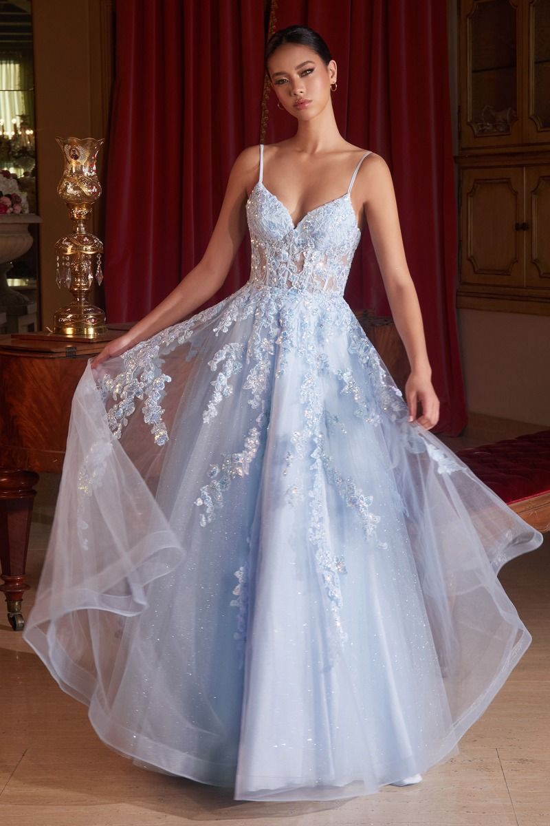 Cinderella Divine -CM347 V-Neck Floral Applique Ball Gown