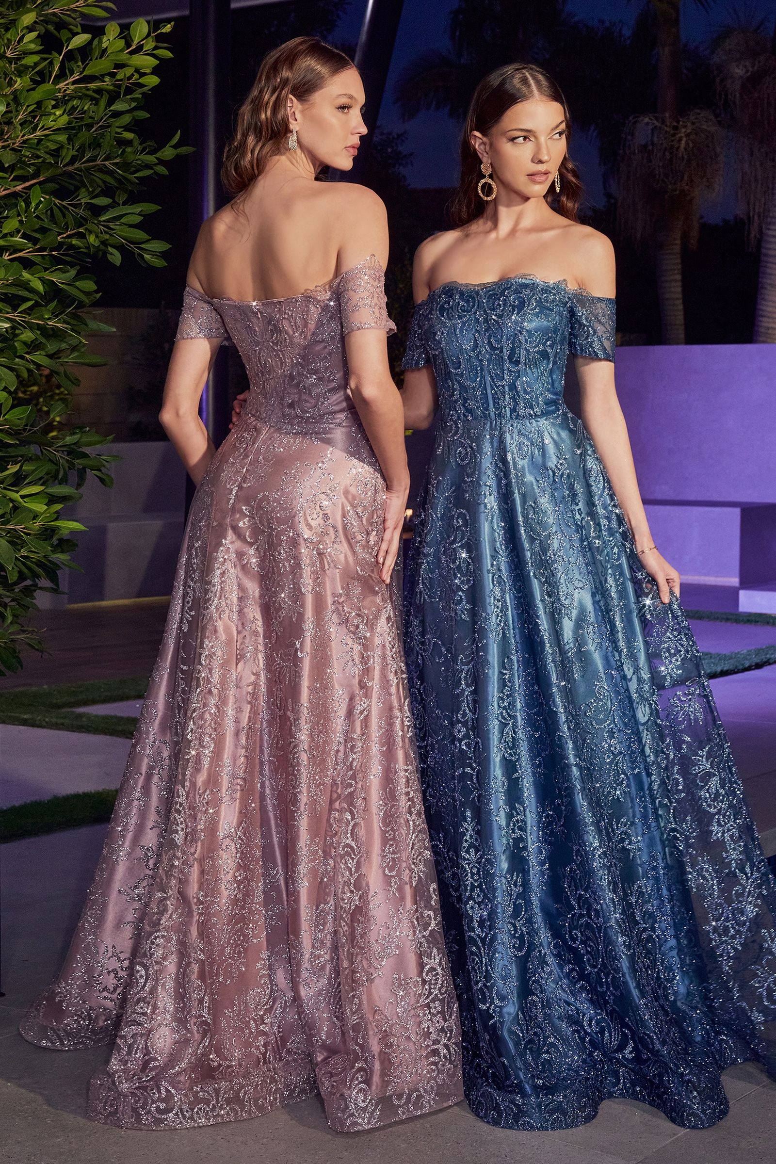 Off The Shoulder Glitter Print A-Line Gown By Cinderella Divine -J835