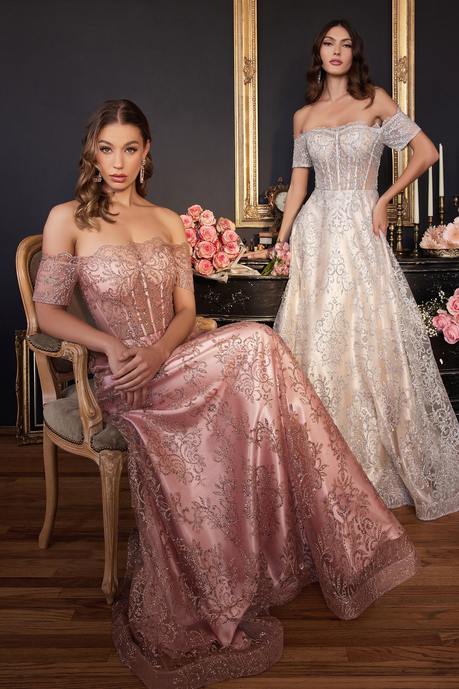 Off The Shoulder Glitter Print A-Line Gown By Cinderella Divine -J835