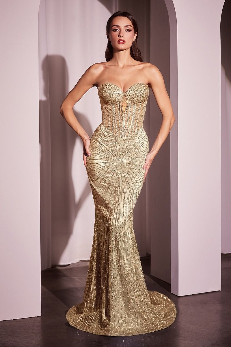 Cinderella Divine -J871 -01 Strapless Silver Embellished Gown