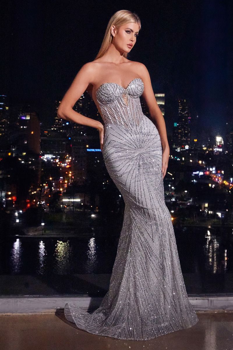 Cinderella Divine -J871 -01 Strapless Silver Embellished Gown