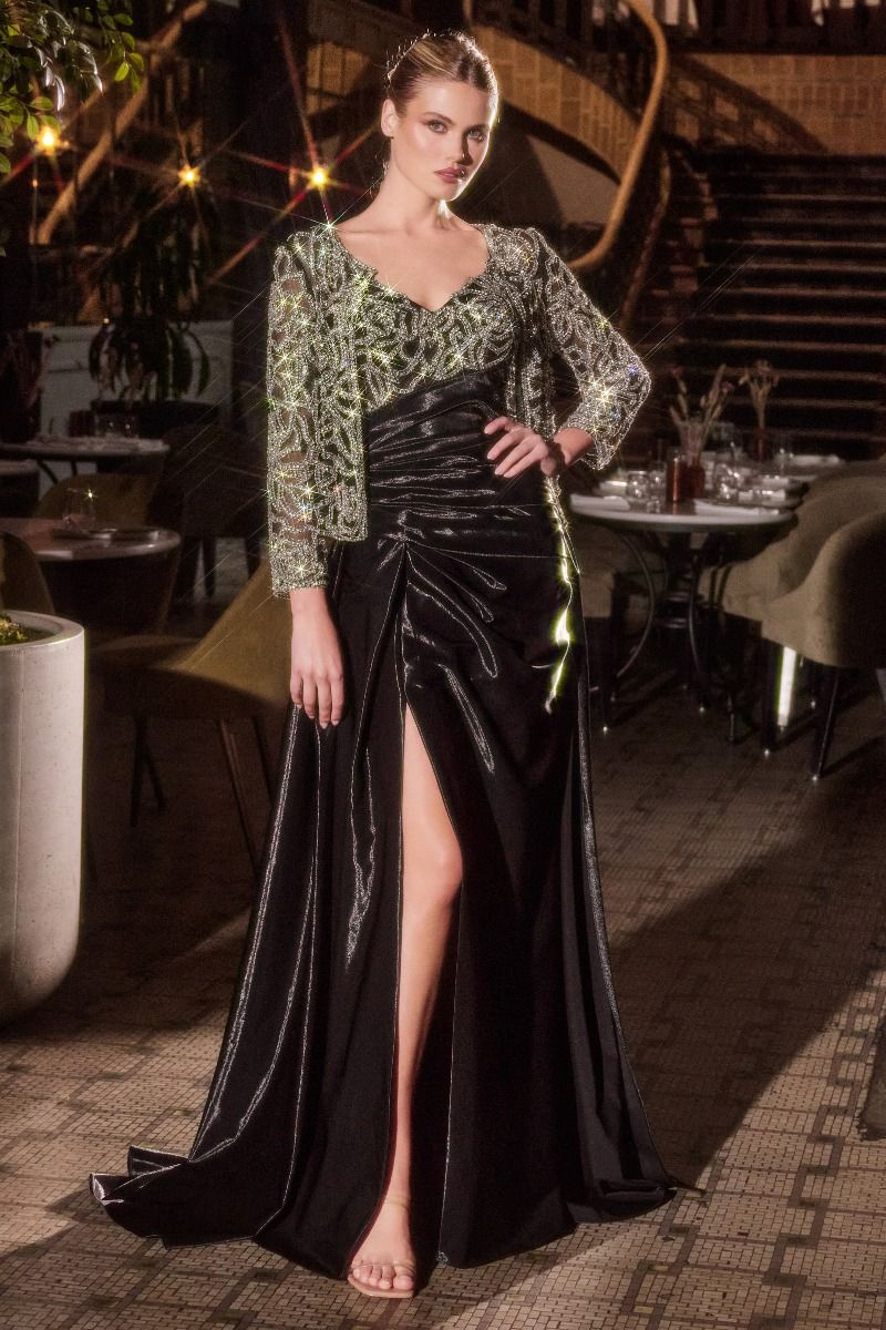 Cinderella Divine -J882 Crystal floral motif jacket & liquid taffeta dress