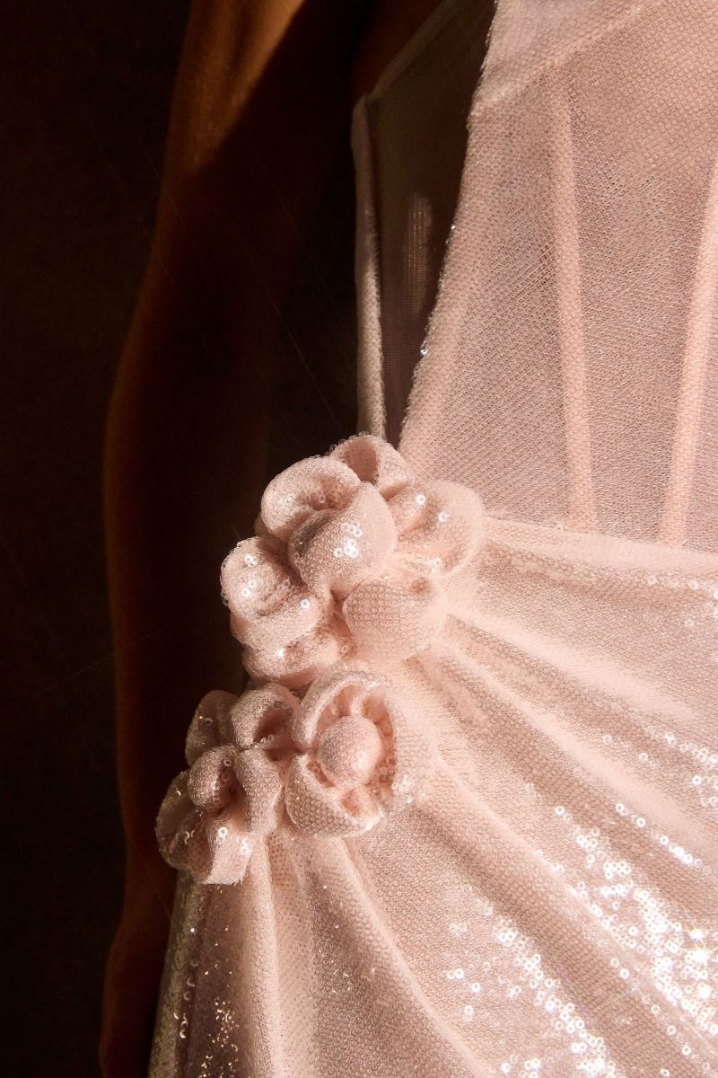 Cinderella Divine -J905 Strapless neckline sequins gown with side illusion details, floral appliqued accent & choker