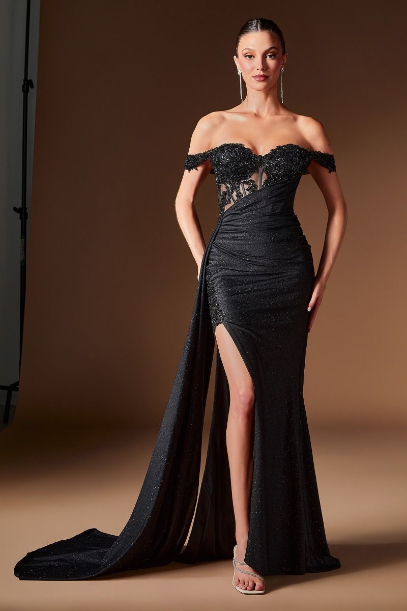 Cinderella Divine -J914 Applique Glitter Off Shoulder Sheath Gown