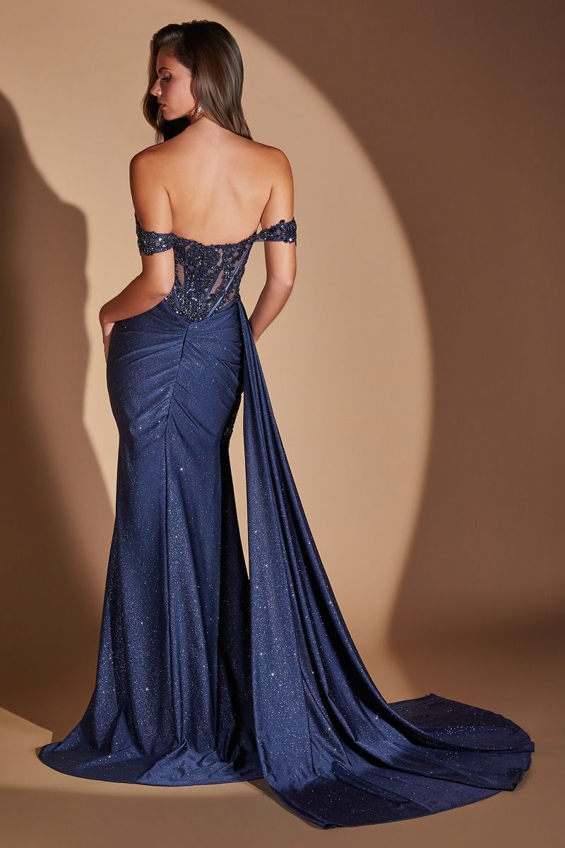 Cinderella Divine -J914 Applique Glitter Off Shoulder Sheath Gown
