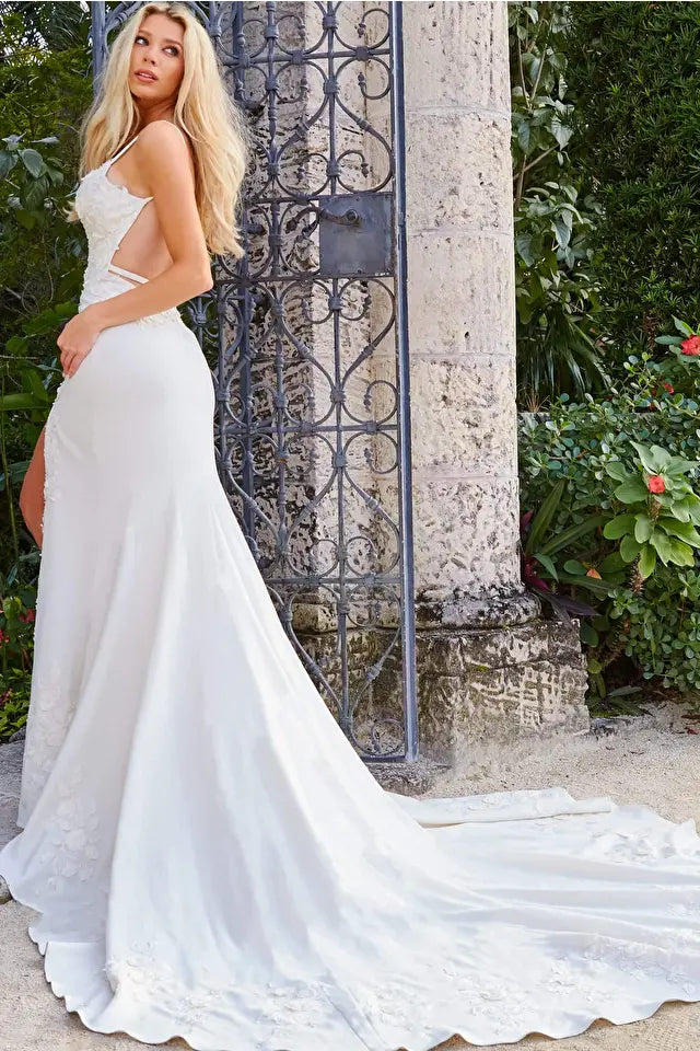 Jovani -JB05846 Lace Applique Plunging Neck Bridal Dress