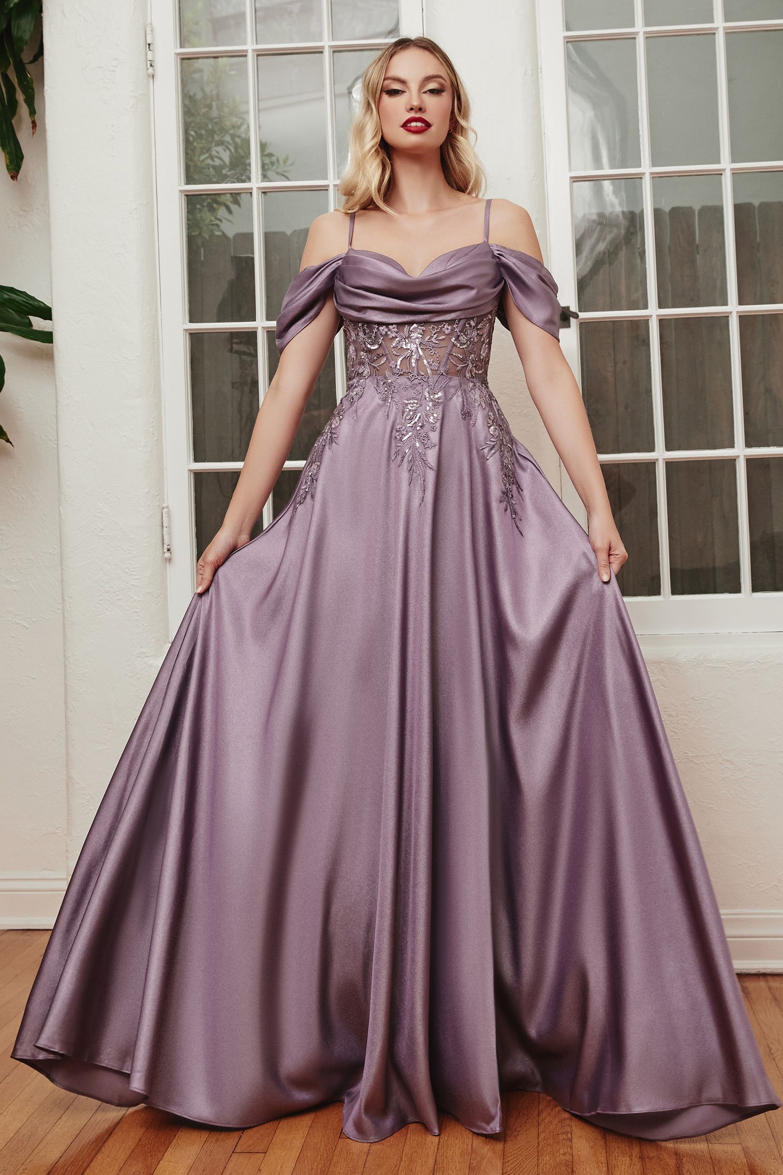 Satin Off The Shoulder A-Line Gown By Cinderella Divine -OC012