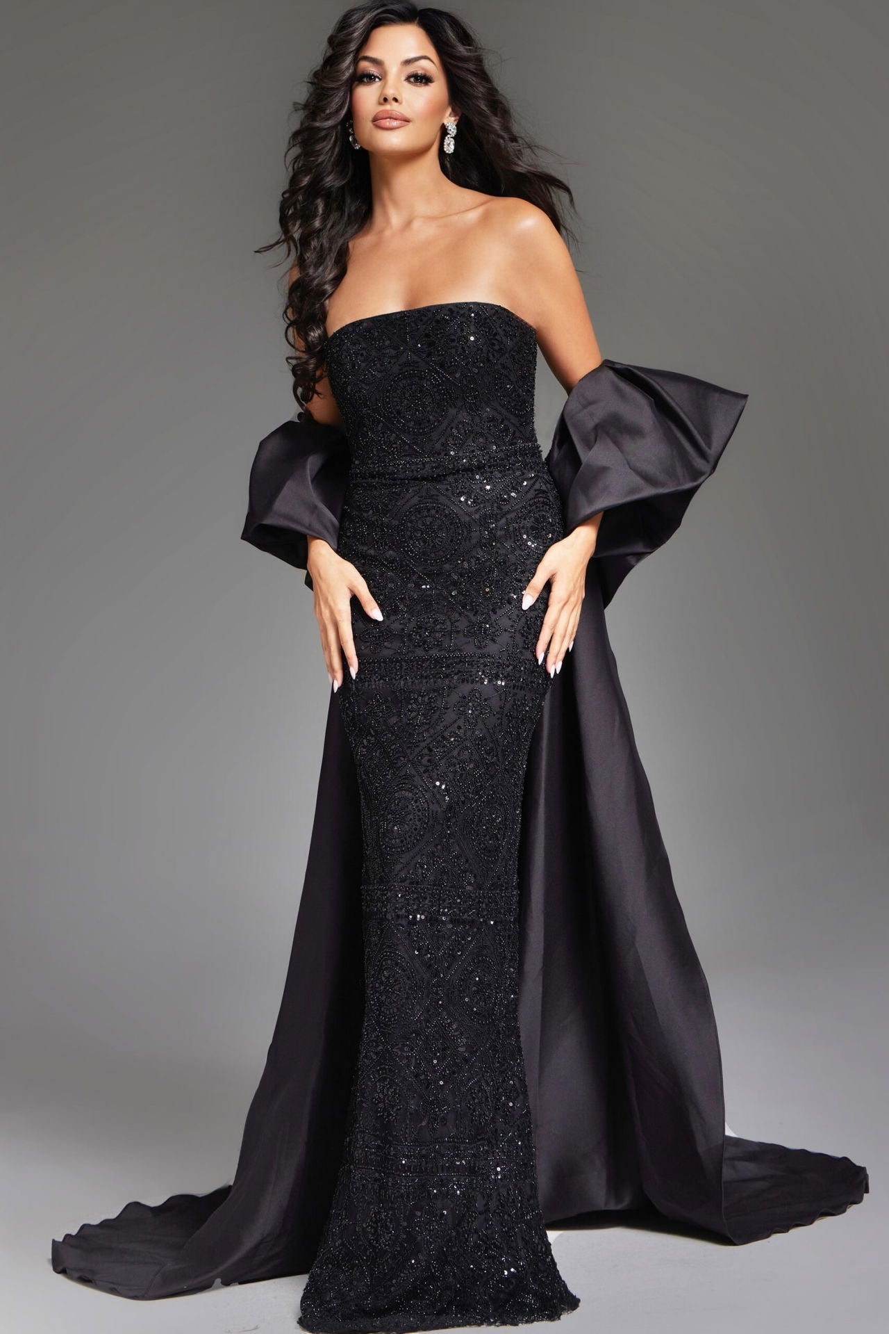 Jovani -42137B Strapless Satin Beaded Drape Gown